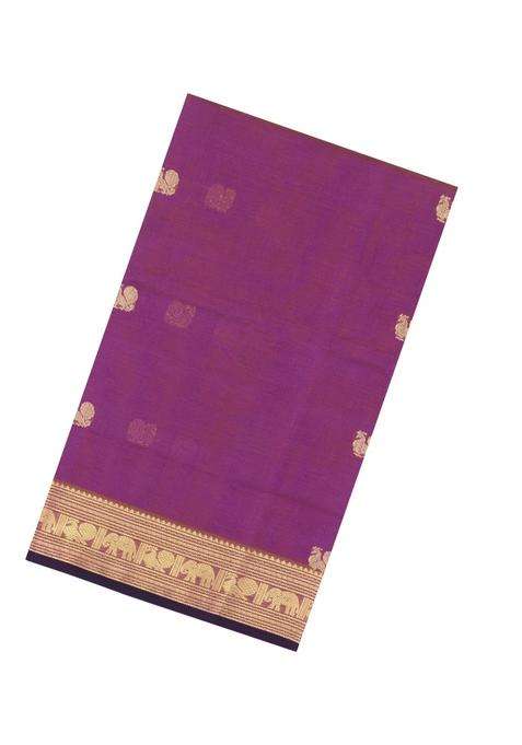 Lilac Handloom Silk Cotton Saree With Zari Buttas Contrast Border With Buttas And Brocade Design For Women