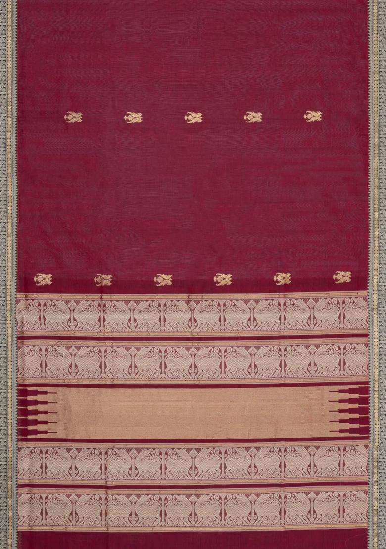 Maroon Handloom Silk Cotton Saree With Zari Buttas Contrast Border With Buttas And Brocade Design For Women - Indya