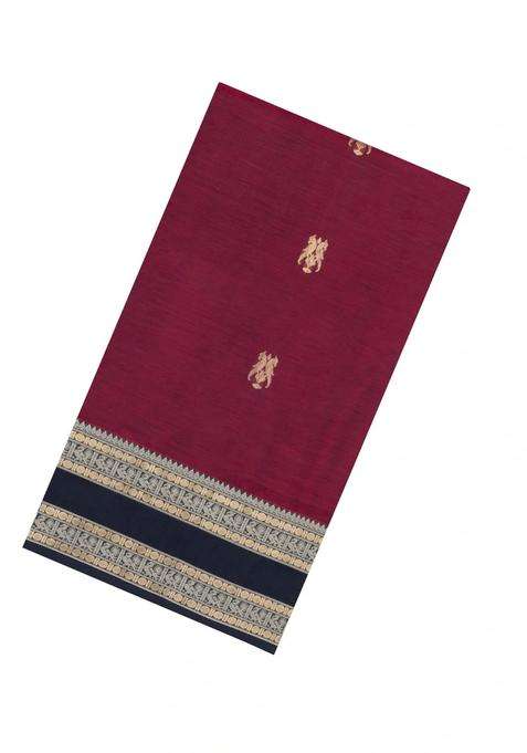 Maroon Handloom Silk Cotton Saree With Zari Buttas Contrast Border With Buttas And Brocade Design For Women