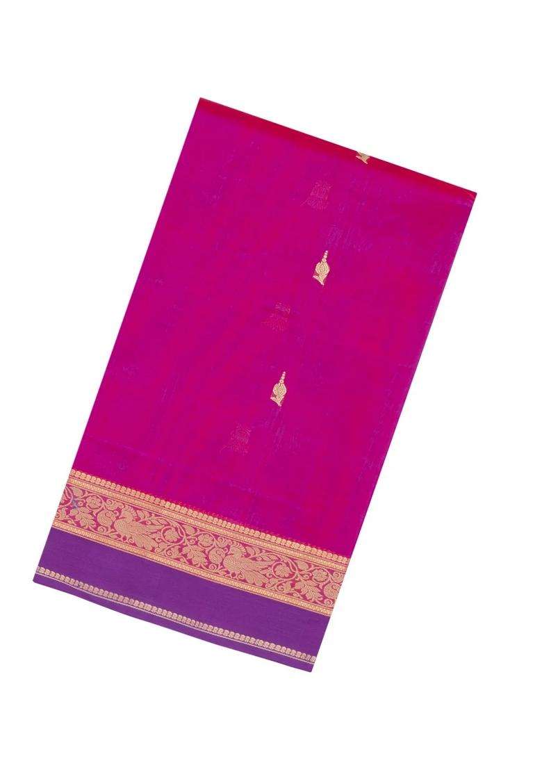Hot Pink Handloom Silk Cotton Saree With Zari Buttas Contrast Border With Buttas And Brocade Design For Women - Indya