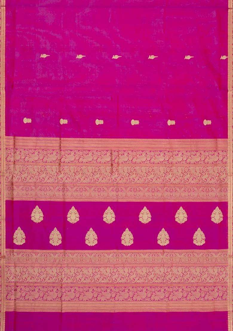 Hot Pink Handloom Silk Cotton Saree With Zari Buttas Contrast Border With Buttas And Brocade Design For Women - Indya