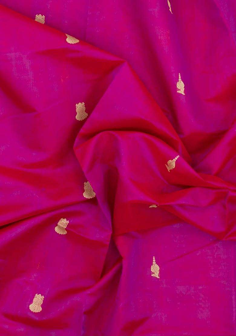 Hot Pink Handloom Silk Cotton Saree With Zari Buttas Contrast Border With Buttas And Brocade Design For Women - Indya