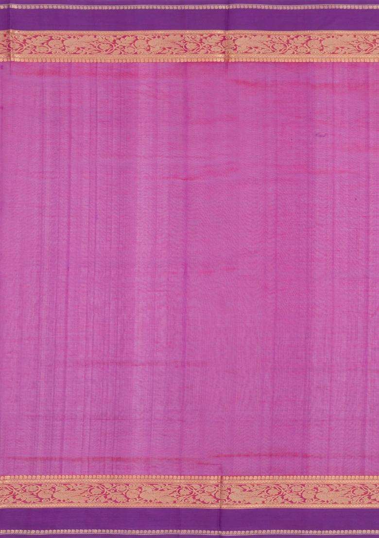 Hot Pink Handloom Silk Cotton Saree With Zari Buttas Contrast Border With Buttas And Brocade Design For Women - Indya