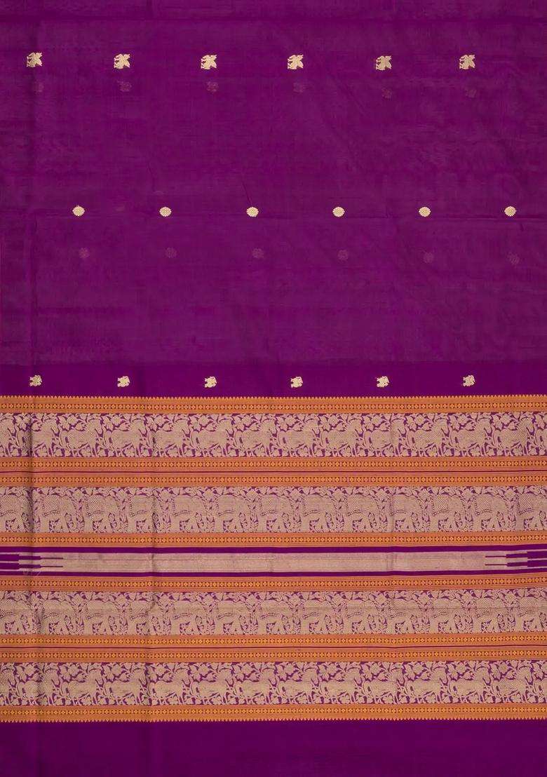 Purple Handloom Silk Cotton Saree With Zari Buttas Contrast Border With Buttas And Brocade Design For Women - Indya