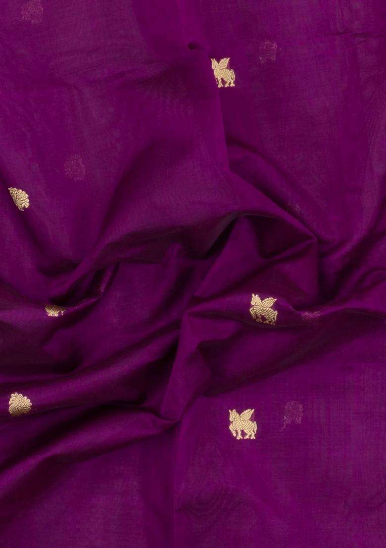 Purple Handloom Silk Cotton Saree With Zari Buttas Contrast Border With Buttas And Brocade Design For Women - Indya