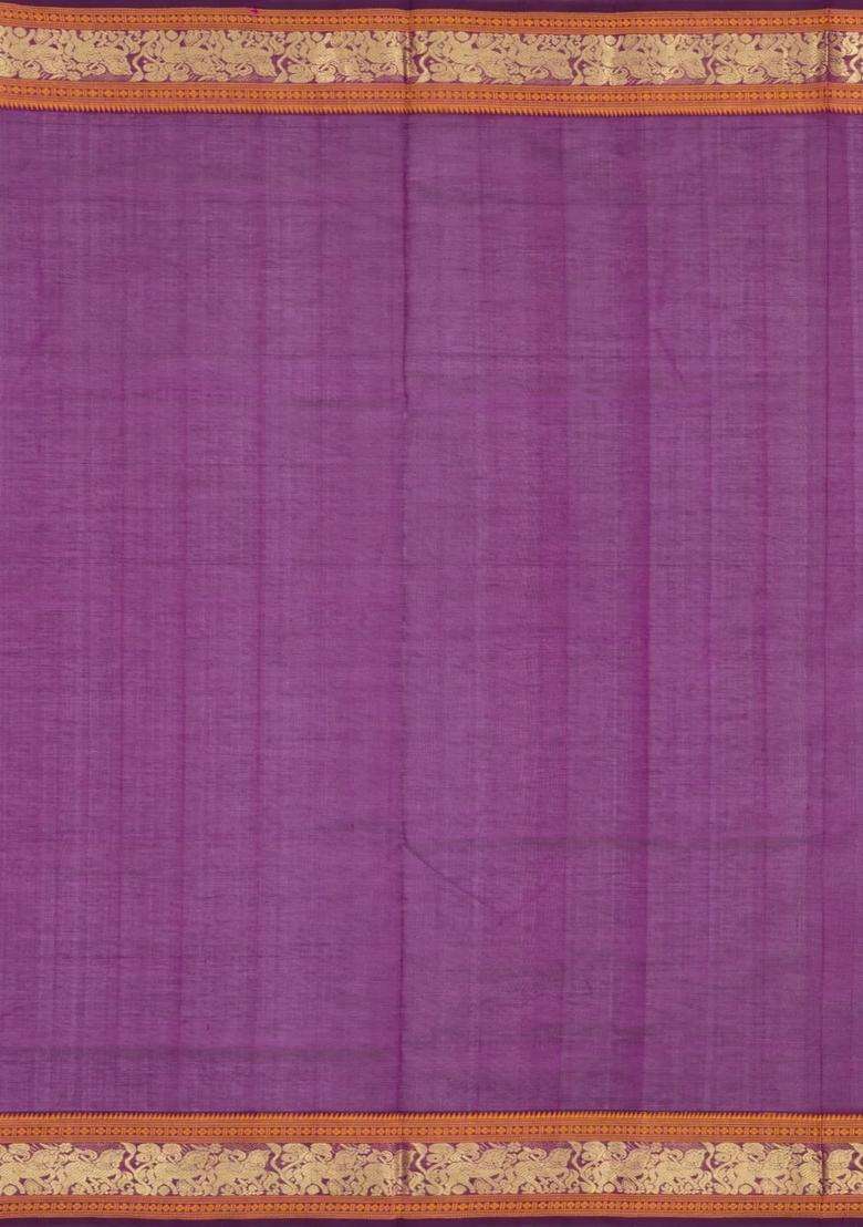 Purple Handloom Silk Cotton Saree With Zari Buttas Contrast Border With Buttas And Brocade Design For Women - Indya