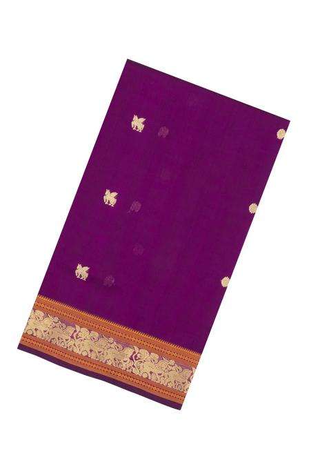 Purple Handloom Silk Cotton Saree With Zari Buttas Contrast Border With Buttas And Brocade Design For Women