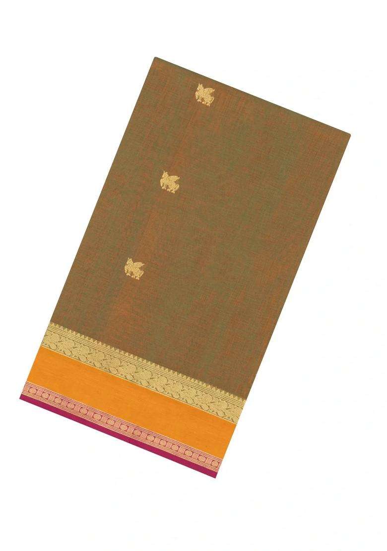 Olive Green Handloom Silk Cotton Saree With Zari Buttas Contrast Border With Buttas And Brocade Design For Women - Indya