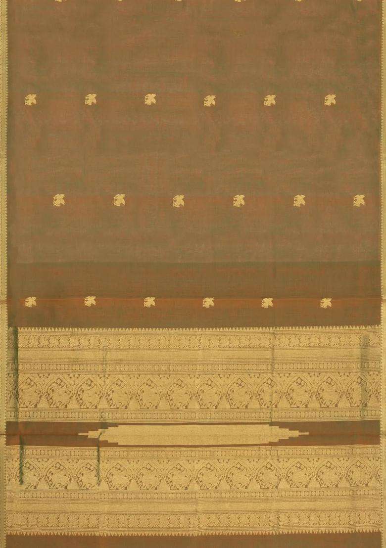 Olive Green Handloom Silk Cotton Saree With Zari Buttas Contrast Border With Buttas And Brocade Design For Women - Indya