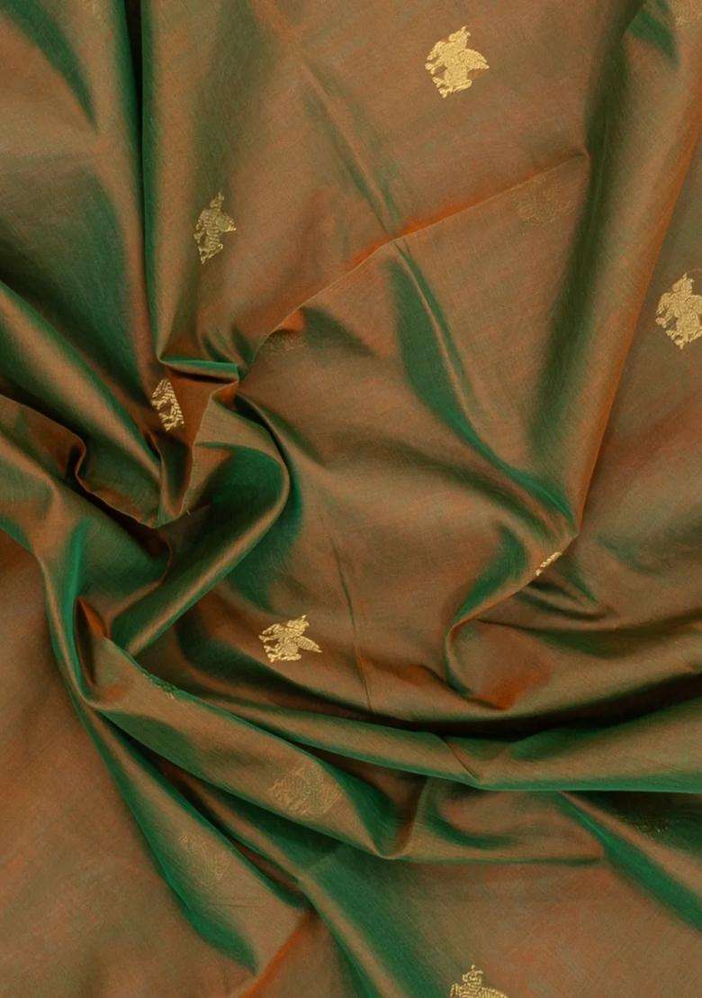 Olive Green Handloom Silk Cotton Saree With Zari Buttas Contrast Border With Buttas And Brocade Design For Women - Indya