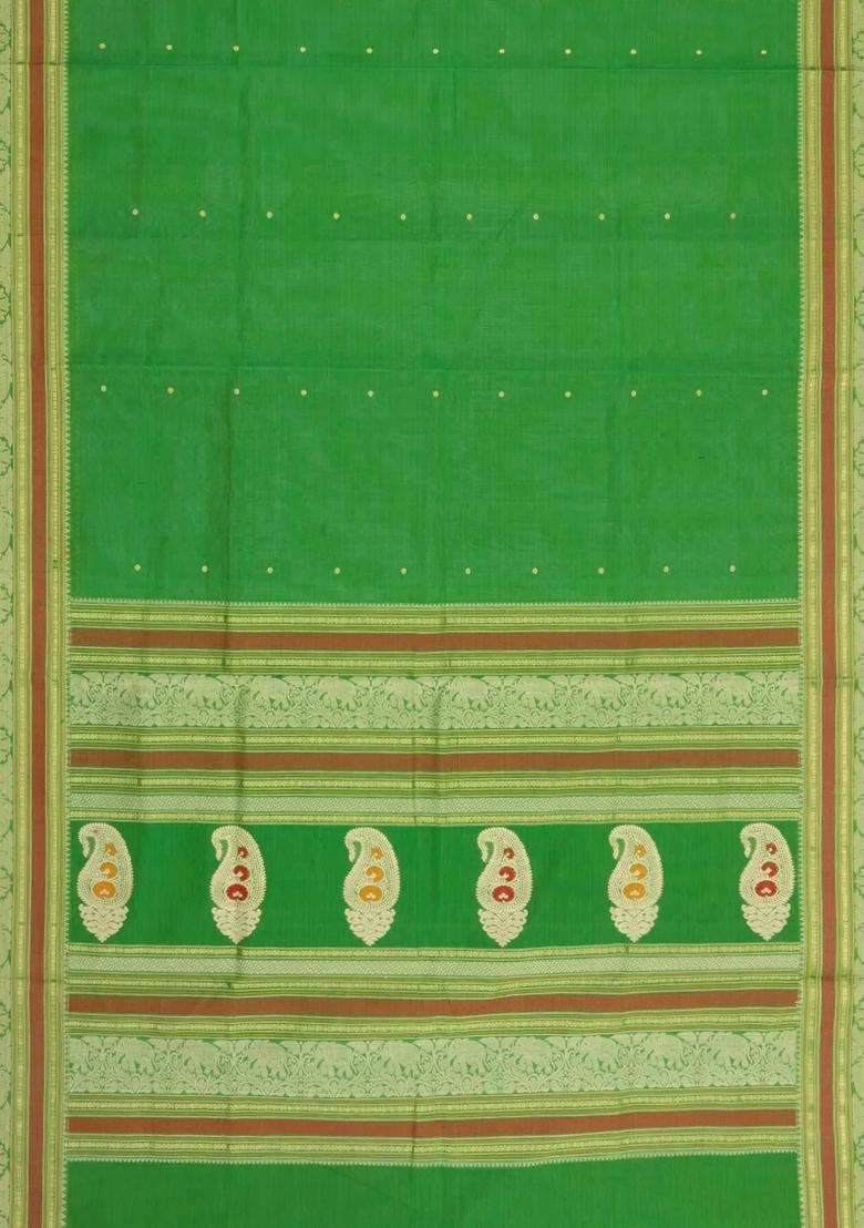 Light Green Handloom Silk Cotton Saree With Buttas With Buttas And Brocade Design For Women - Indya