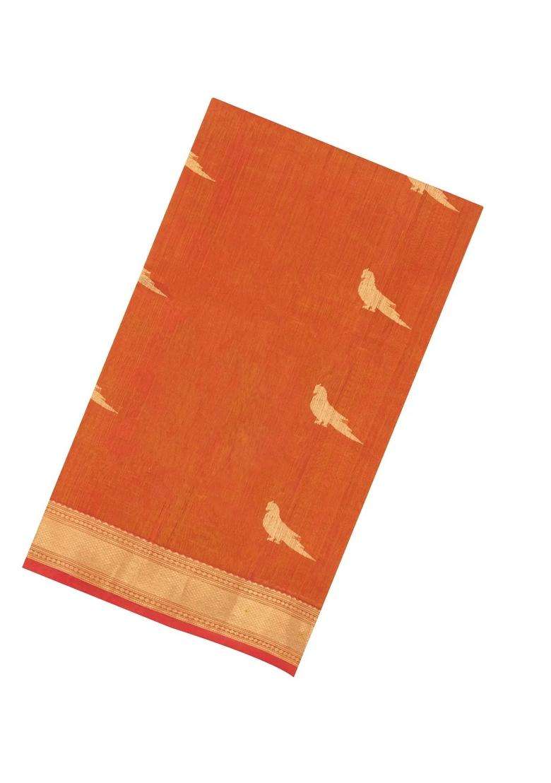Orange Handloom Silk Cotton Saree With Buttas Zari Border With Buttas And Brocade Design For Women - Indya