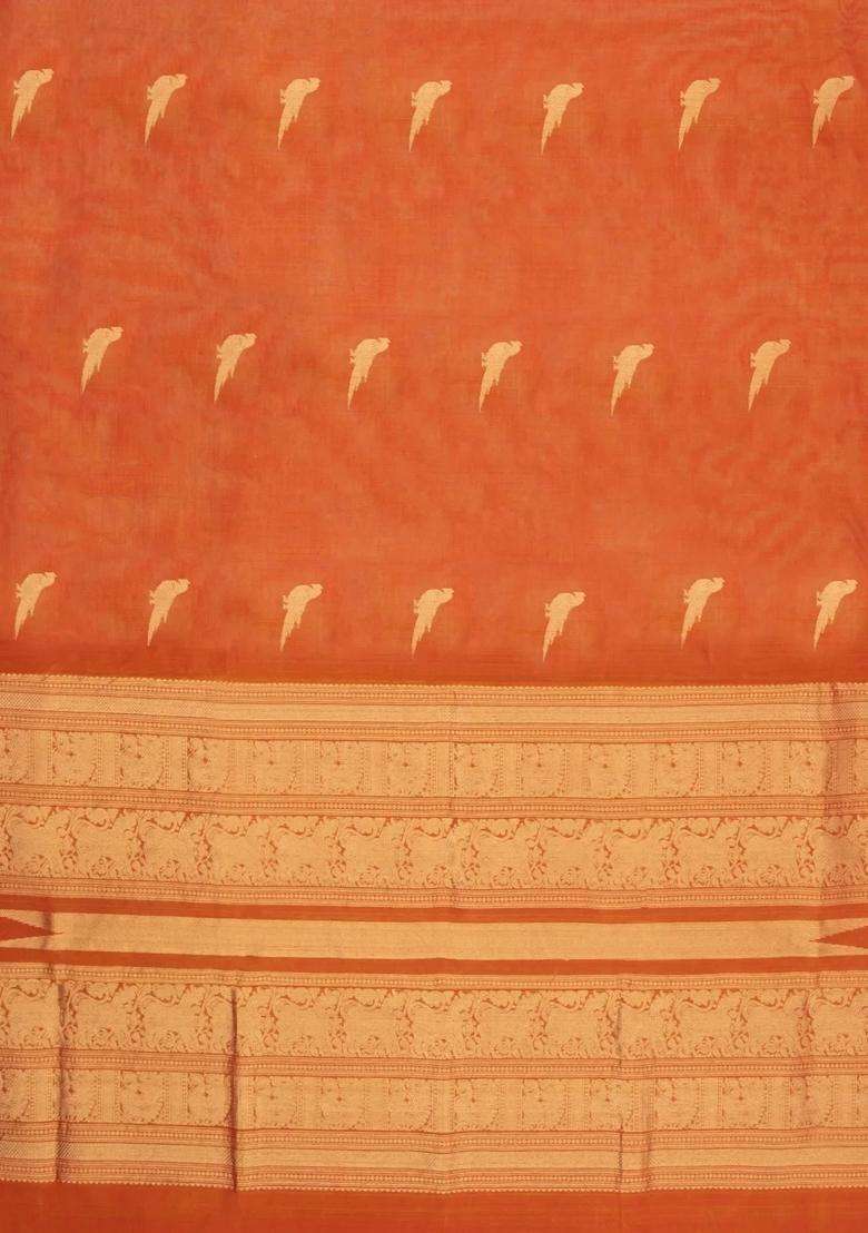 Orange Handloom Silk Cotton Saree With Buttas Zari Border With Buttas And Brocade Design For Women - Indya