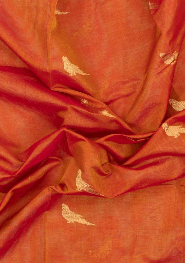 Orange Handloom Silk Cotton Saree With Buttas Zari Border With Buttas And Brocade Design For Women - Indya