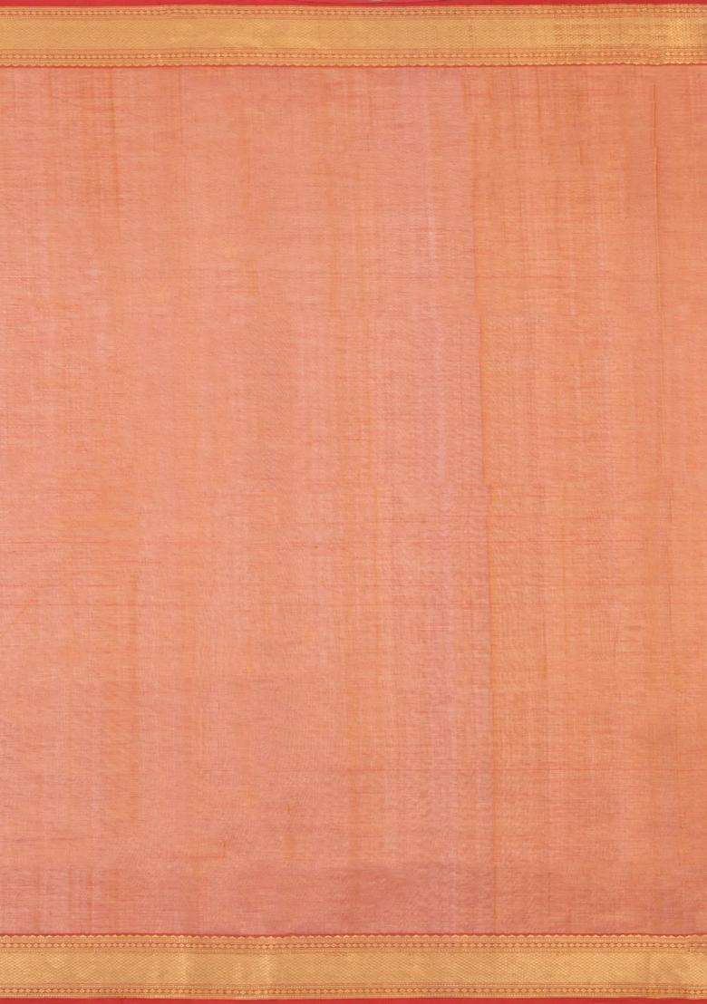 Orange Handloom Silk Cotton Saree With Buttas Zari Border With Buttas And Brocade Design For Women - Indya