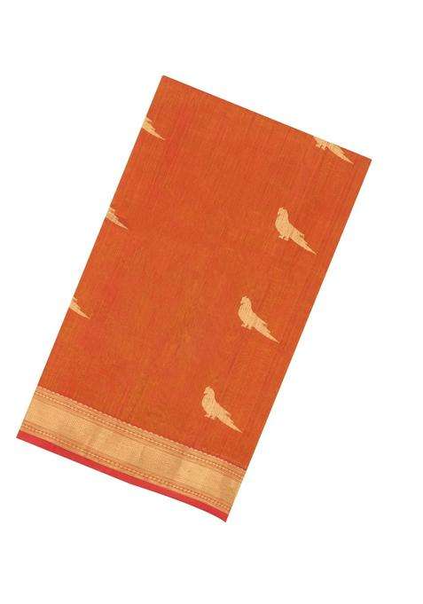 Orange Handloom Silk Cotton Saree With Buttas Zari Border With Buttas And Brocade Design For Women