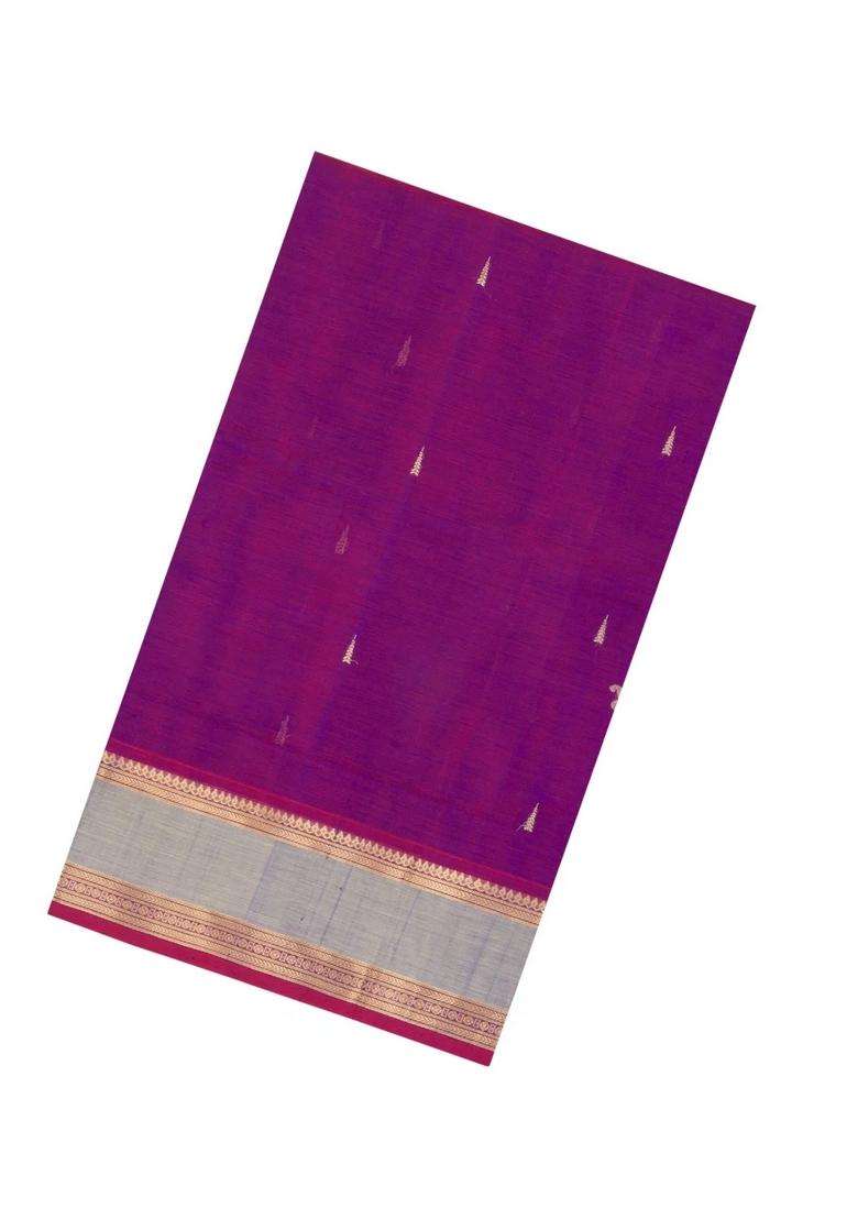 Magenta Handloom Silk Cotton Saree With Zari Buttas Contrast Border With Buttas And Brocade Design For Women - Indya