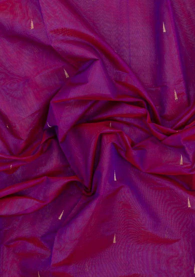 Magenta Handloom Silk Cotton Saree With Zari Buttas Contrast Border With Buttas And Brocade Design For Women - Indya