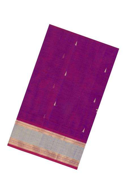 Magenta Handloom Silk Cotton Saree With Zari Buttas Contrast Border With Buttas And Brocade Design For Women