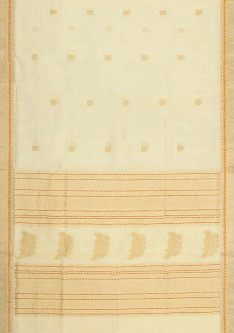 Cream Handloom Silk Cotton Saree With Zari Buttas Contrast Border With Buttas And Brocade Design For Women - Indya