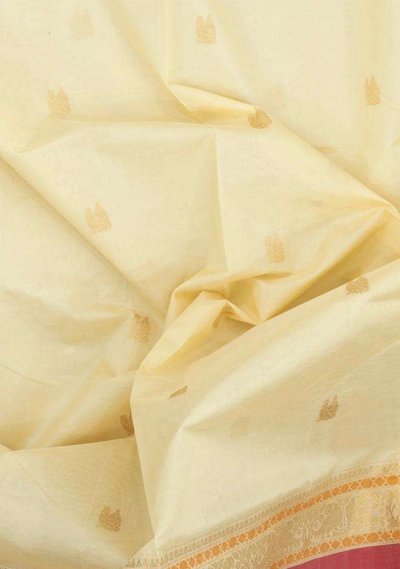 Cream Handloom Silk Cotton Saree With Zari Buttas Contrast Border With Buttas And Brocade Design For Women - Indya
