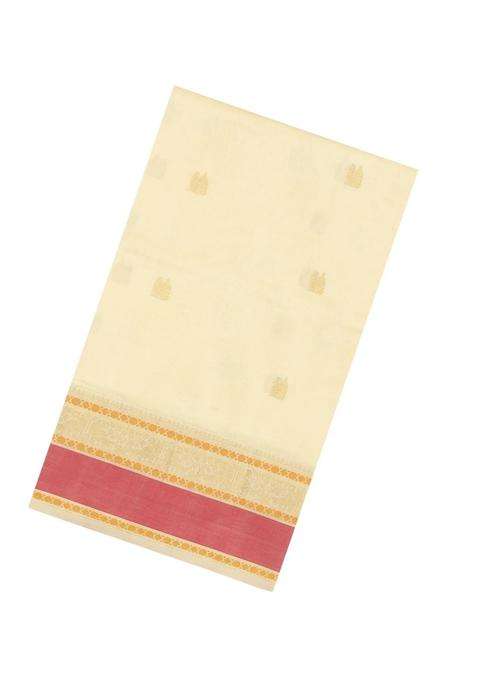 Cream Handloom Silk Cotton Saree With Zari Buttas Contrast Border With Buttas And Brocade Design For Women