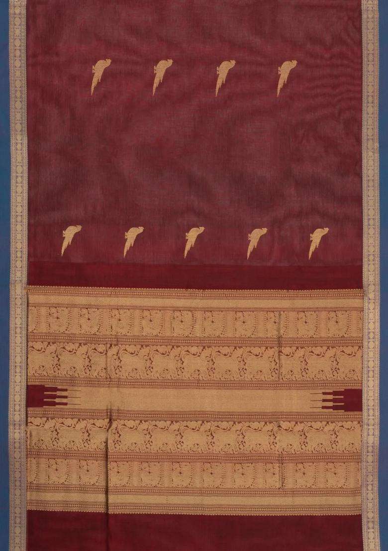 Maroon Handloom Silk Cotton Saree With Zari Buttas Contrast Border With Buttas And Brocade Design For Women - Indya