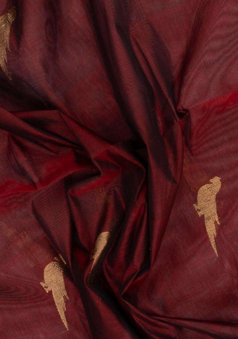 Maroon Handloom Silk Cotton Saree With Zari Buttas Contrast Border With Buttas And Brocade Design For Women - Indya