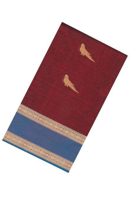 Maroon Handloom Silk Cotton Saree With Zari Buttas Contrast Border With Buttas And Brocade Design For Women