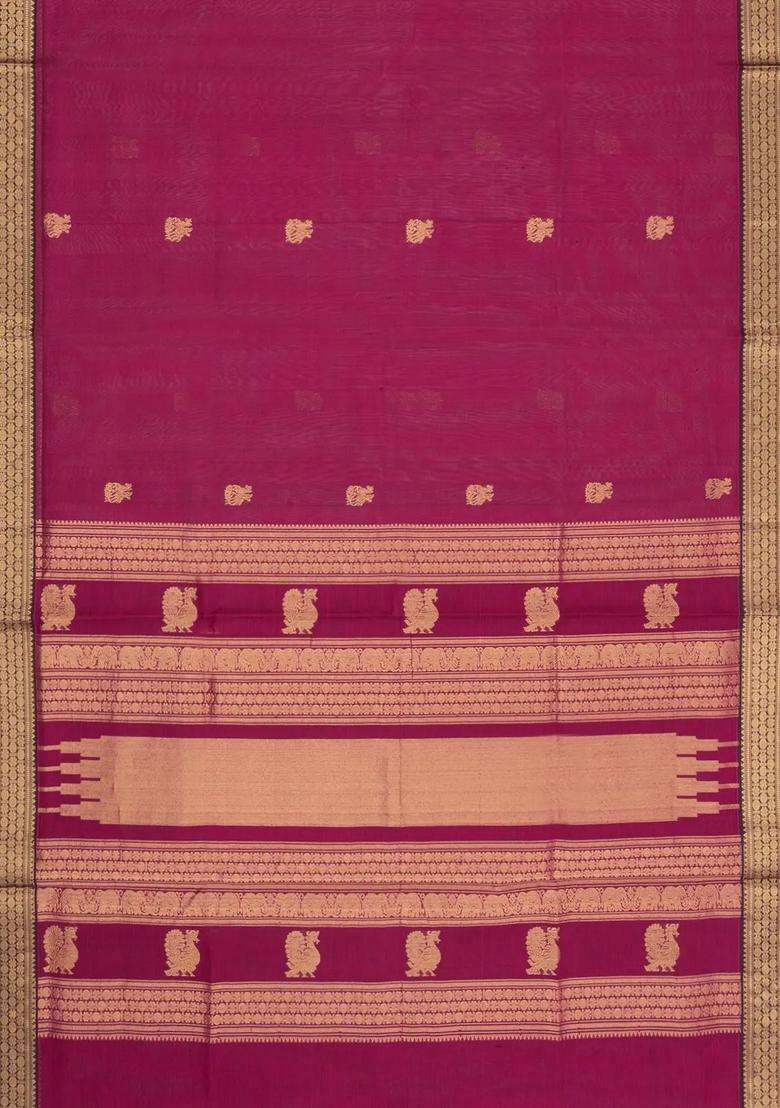 Pink Handloom Silk Cotton Saree With Zari Buttas Contrast Border With Buttas And Brocade Design For Women - Indya