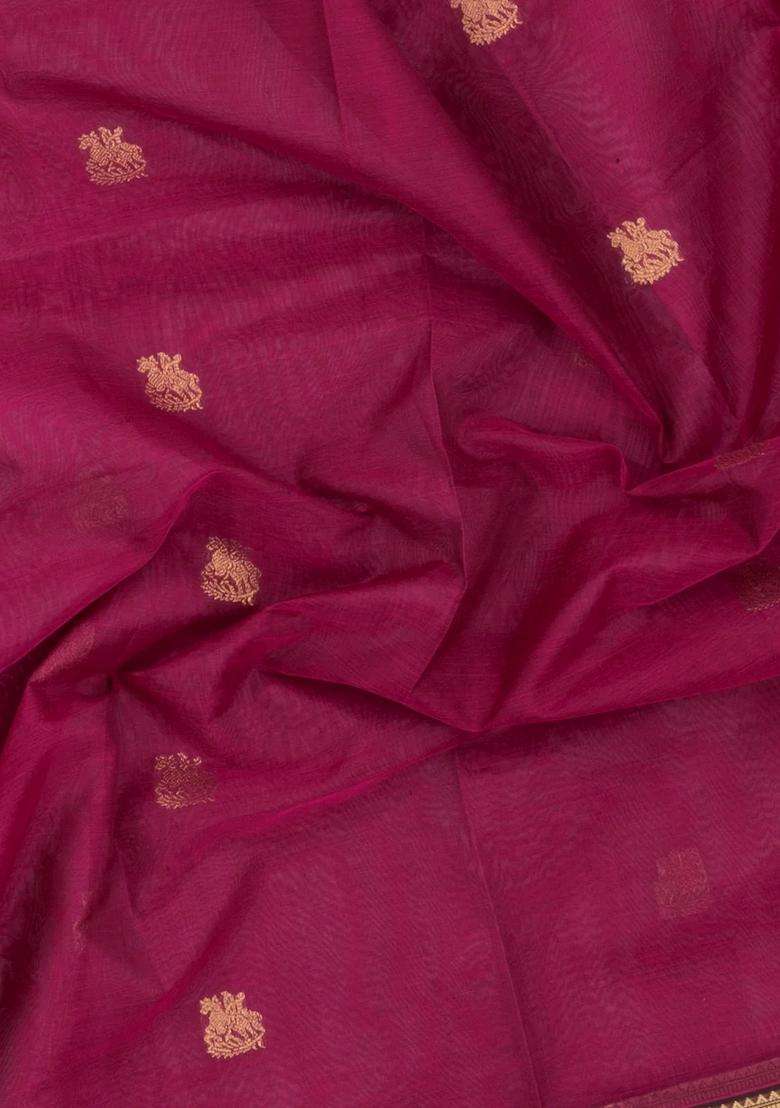 Pink Handloom Silk Cotton Saree With Zari Buttas Contrast Border With Buttas And Brocade Design For Women - Indya
