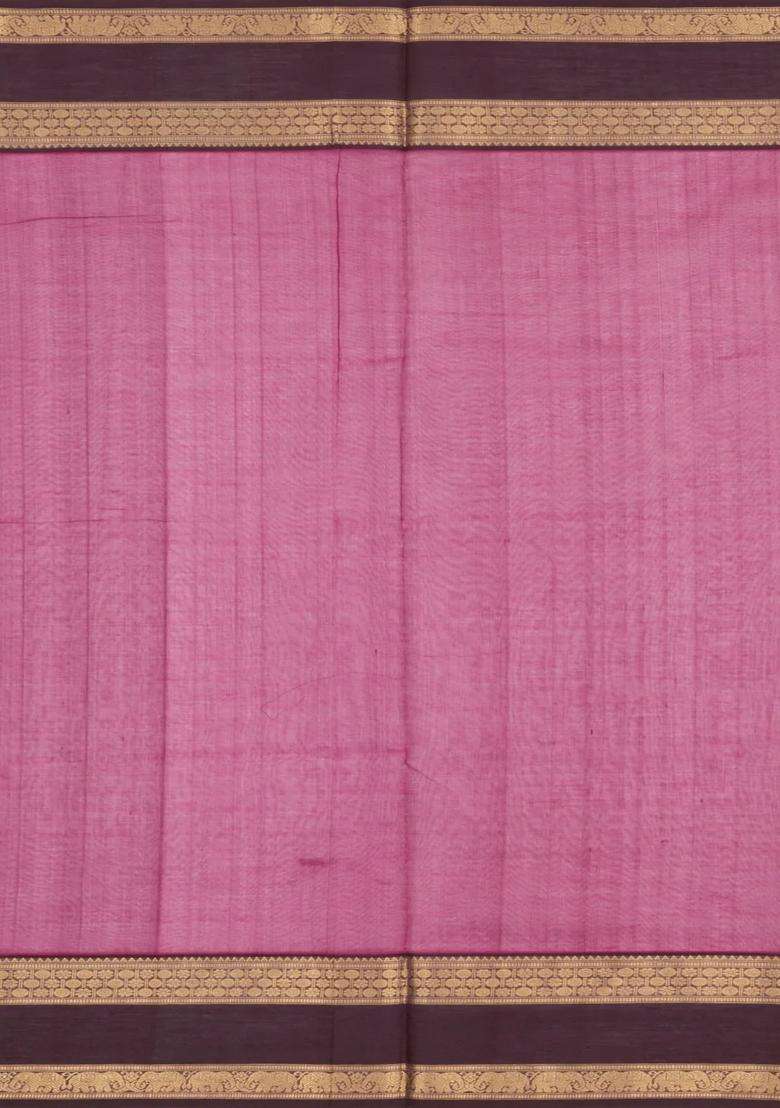 Pink Handloom Silk Cotton Saree With Zari Buttas Contrast Border With Buttas And Brocade Design For Women - Indya
