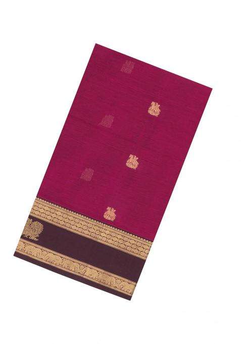 Pink Handloom Silk Cotton Saree With Zari Buttas Contrast Border With Buttas And Brocade Design For Women