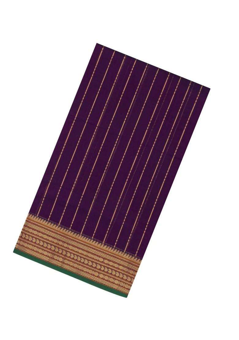Dark Purple Handloom Silk Cotton Saree With Zari Stripes With Checks And Stripes Design For Women - Indya