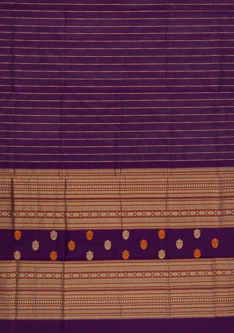 Dark Purple Handloom Silk Cotton Saree With Zari Stripes With Checks And Stripes Design For Women - Indya