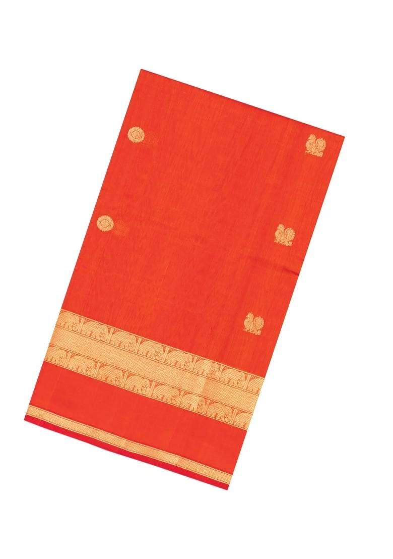 Red Handloom Silk Cotton Saree With Zari Buttas With Buttas And Brocade Design For Women - Indya