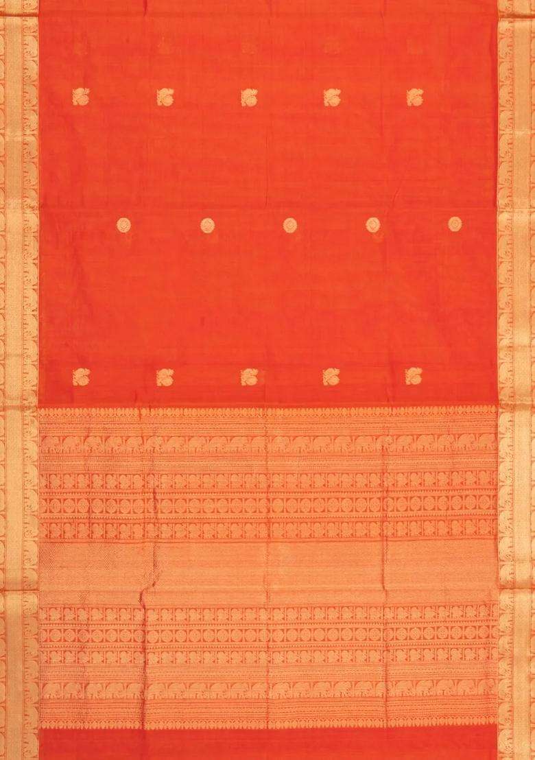 Red Handloom Silk Cotton Saree With Zari Buttas With Buttas And Brocade Design For Women - Indya