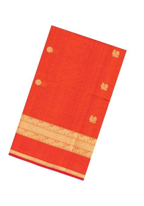 Red Handloom Silk Cotton Saree With Zari Buttas With Buttas And Brocade Design For Women