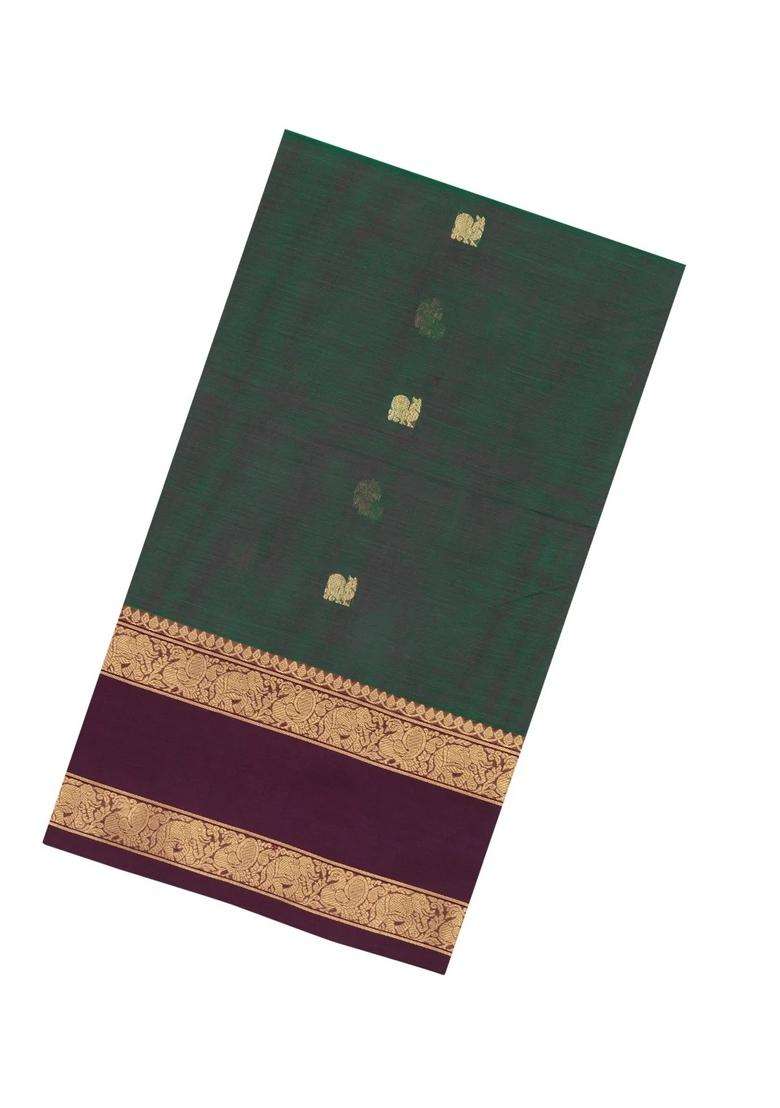 Bottle Green Handloom Silk Cotton Saree With Zari Buttas With Buttas And Brocade Design For Women - Indya