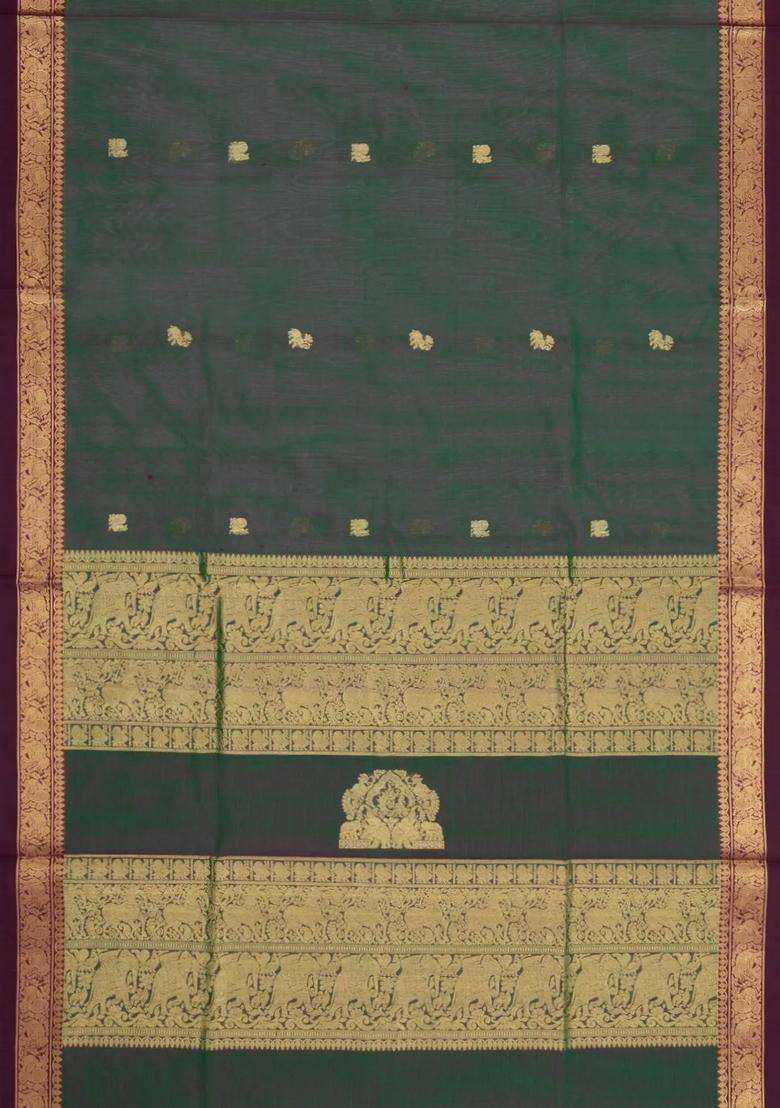 Bottle Green Handloom Silk Cotton Saree With Zari Buttas With Buttas And Brocade Design For Women - Indya