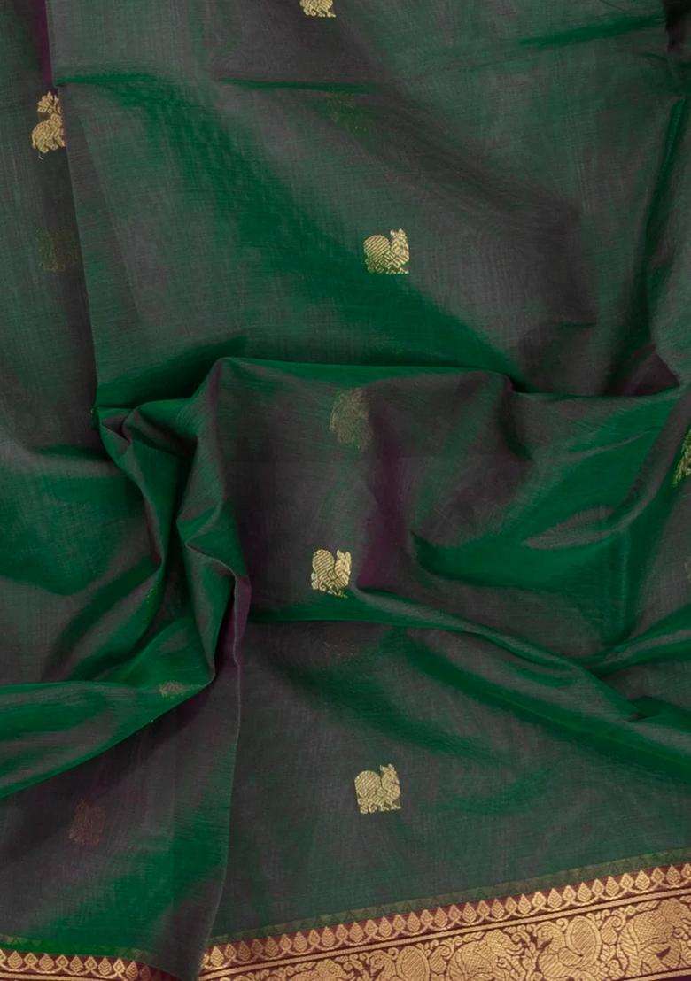 Bottle Green Handloom Silk Cotton Saree With Zari Buttas With Buttas And Brocade Design For Women - Indya