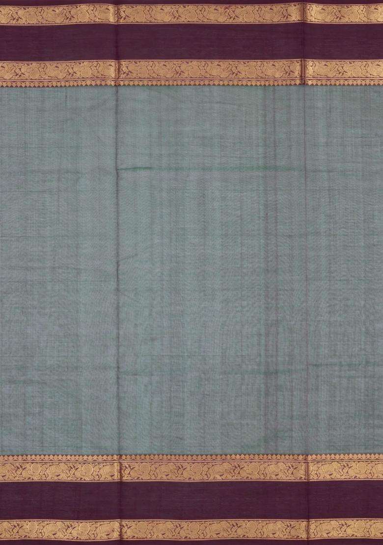 Bottle Green Handloom Silk Cotton Saree With Zari Buttas With Buttas And Brocade Design For Women - Indya