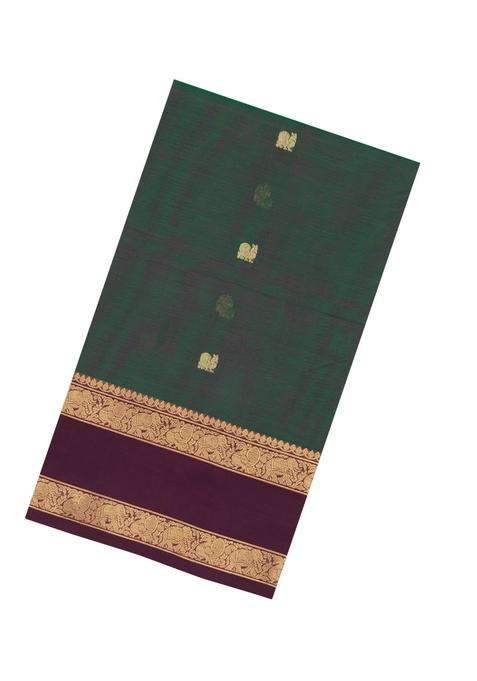 Bottle Green Handloom Silk Cotton Saree With Zari Buttas With Buttas And Brocade Design For Women