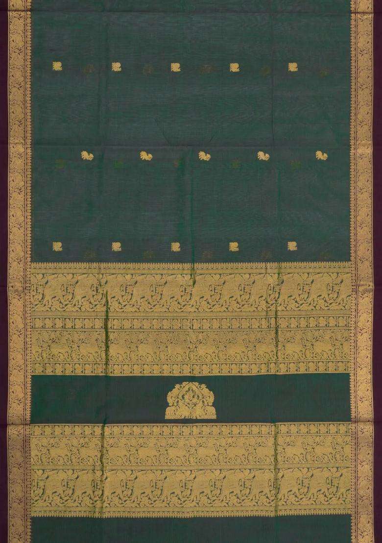 Bottle Green Handloom Silk Cotton Saree With Zari Buttas With Buttas And Brocade Design For Women - Indya