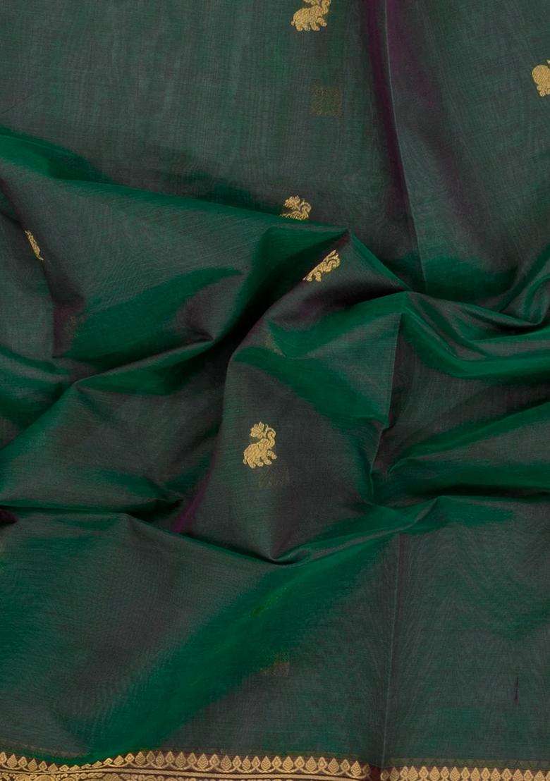 Bottle Green Handloom Silk Cotton Saree With Zari Buttas With Buttas And Brocade Design For Women - Indya