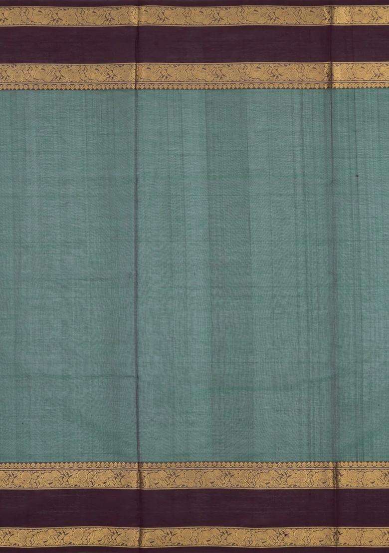 Bottle Green Handloom Silk Cotton Saree With Zari Buttas With Buttas And Brocade Design For Women - Indya