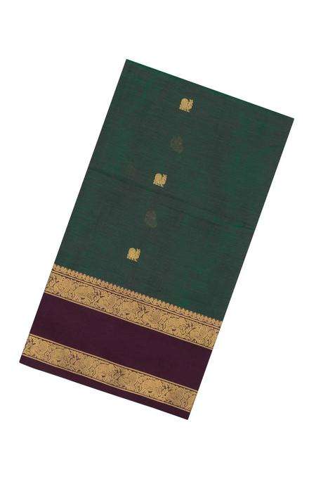 Bottle Green Handloom Silk Cotton Saree With Zari Buttas With Buttas And Brocade Design For Women