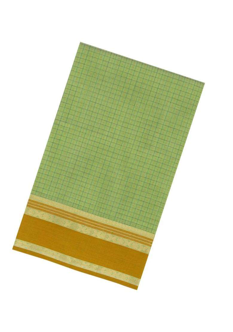 Cardamom Green Handloom Silk Cotton Saree With Checks Zari Border With Checks And Stripes Design For Women - Indya