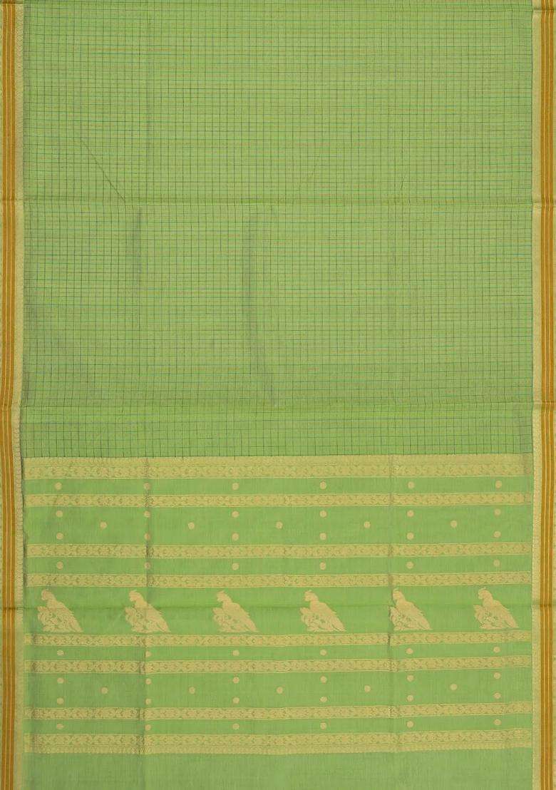 Cardamom Green Handloom Silk Cotton Saree With Checks Zari Border With Checks And Stripes Design For Women - Indya