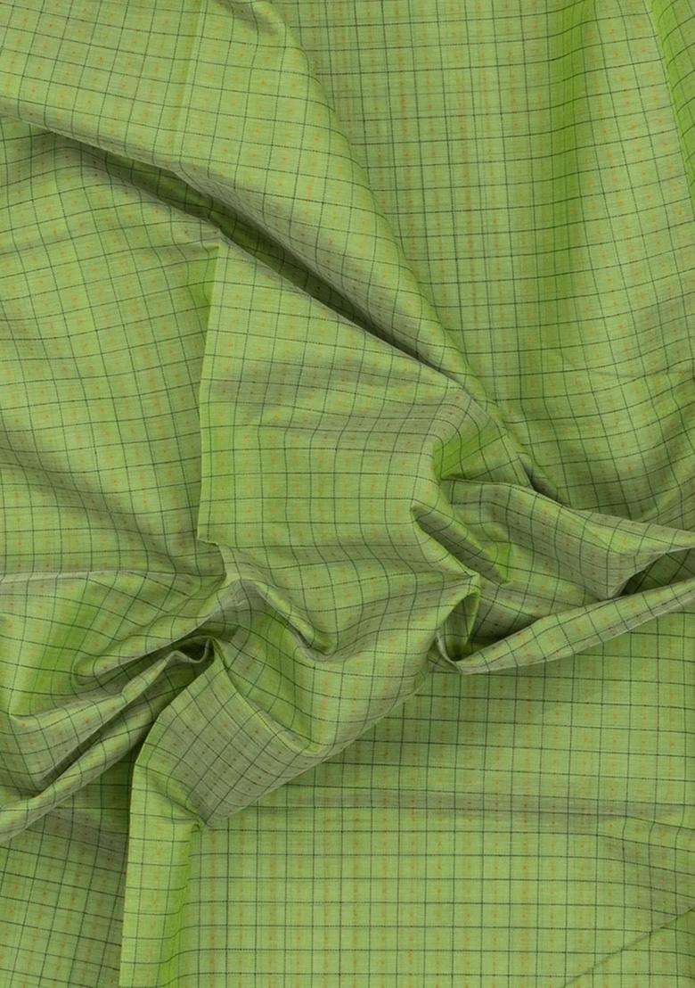 Cardamom Green Handloom Silk Cotton Saree With Checks Zari Border With Checks And Stripes Design For Women - Indya